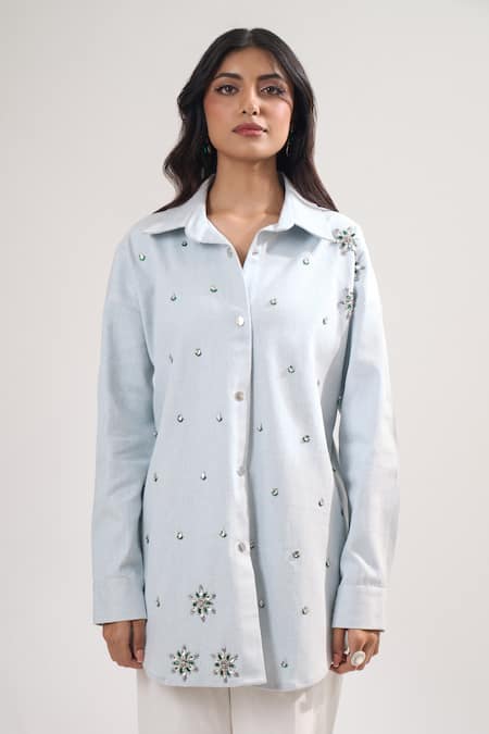 Buy_Elarra By Pratyancha_Blue Denim Stones, Beads Collared Embellished Button-down Shirt _Online_at_Aza_Fashions