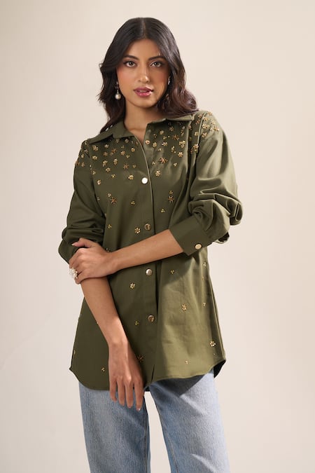 Elarra By Pratyancha Denim Embellished Button-Down Shirt 