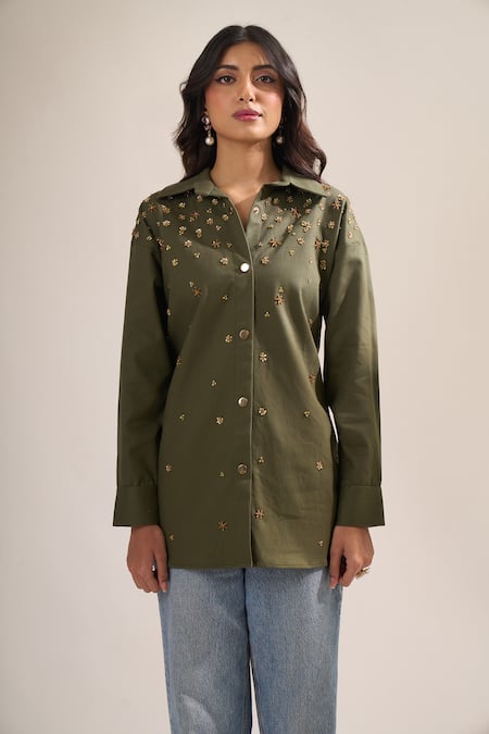 Shop_Elarra By Pratyancha_Olive Green Denim Sequins, Beads Collared Embellished Button-down Shirt _Online_at_Aza_Fashions
