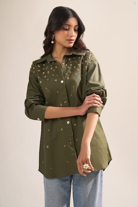 Elarra By Pratyancha_Olive Green Denim Sequins, Beads Collared Embellished Button-down Shirt _at_Aza_Fashions