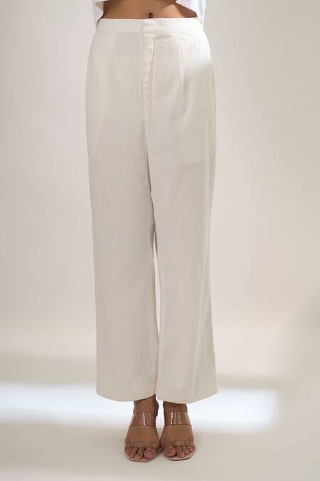 Elarra By Pratyancha_Beige Lycra Lace, Embroidery Open Neck Crochet Waistcoat And Pant Set _Online_at_Aza_Fashions