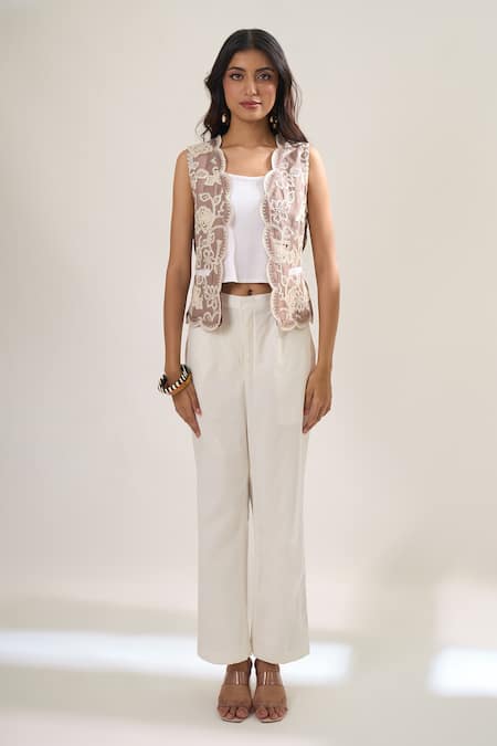 Buy_Elarra By Pratyancha_Beige Lycra Lace, Embroidery Open Neck Crochet Waistcoat And Pant Set _Online_at_Aza_Fashions
