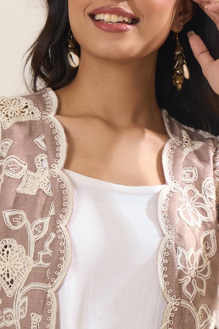 Elarra By Pratyancha_Beige Lycra Lace, Embroidery Open Neck Crochet Waistcoat And Pant Set _at_Aza_Fashions