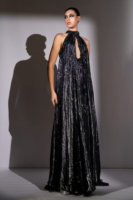 Nikita Mhaisalkar_Black Lurex, Georgette Studs Halter , Keyhole Galaxy Print Maxi Dress _Online_at_Aza_Fashions