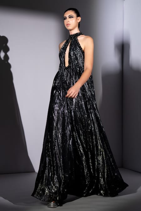 Buy_Nikita Mhaisalkar_Black Lurex, Georgette Studs Halter , Keyhole Galaxy Print Maxi Dress _Online_at_Aza_Fashions