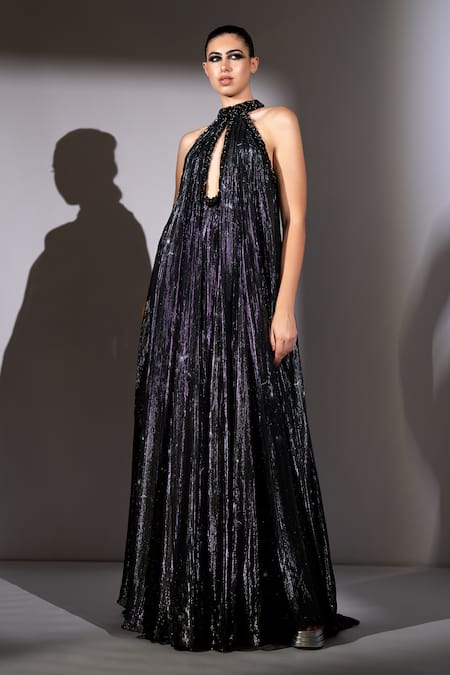Shop_Nikita Mhaisalkar_Black Lurex, Georgette Studs Halter , Keyhole Galaxy Print Maxi Dress _Online_at_Aza_Fashions