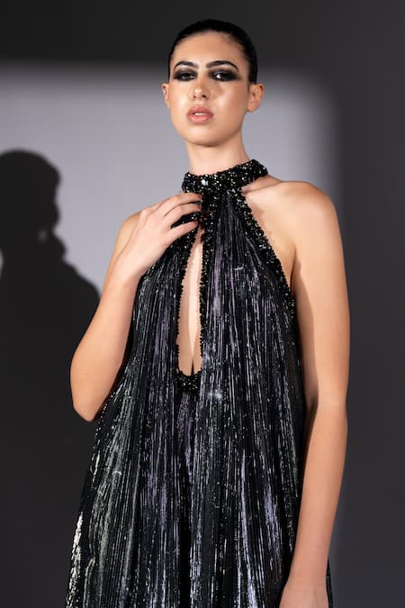 Buy_Nikita Mhaisalkar_Black Lurex, Georgette Studs Halter , Keyhole Galaxy Print Maxi Dress 