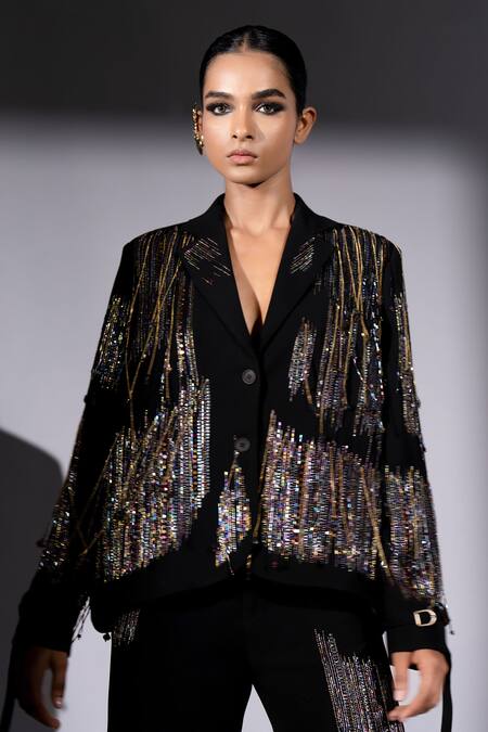 Buy_Nikita Mhaisalkar_Black Suiting Embroidery, Beads Holographic Blazer And Pant Set _Online_at_Aza_Fashions