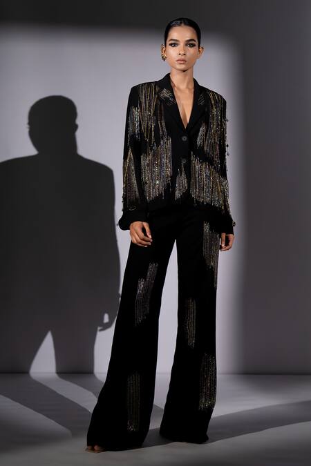 Shop_Nikita Mhaisalkar_Black Suiting Embroidery, Beads Holographic Blazer And Pant Set _Online_at_Aza_Fashions