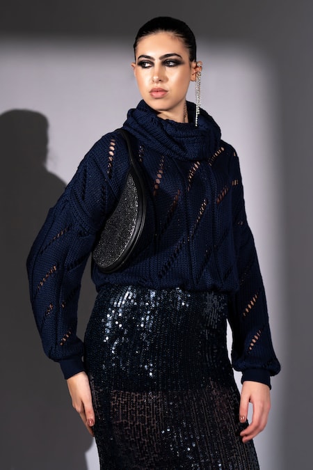 Buy_Nikita Mhaisalkar_Navy Knit, Cotton Cowl Neck Jumper With Scarf _Online_at_Aza_Fashions