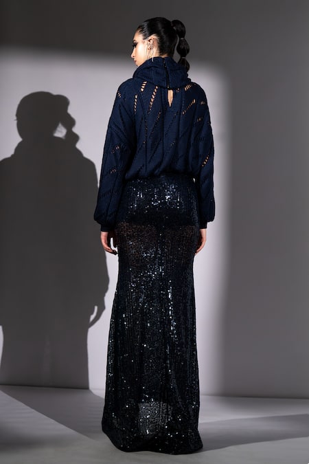 Shop_Nikita Mhaisalkar_Navy Knit, Cotton Cowl Neck Jumper With Scarf _at_Aza_Fashions