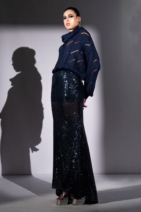 Buy_Nikita Mhaisalkar_Navy Knit, Cotton Cowl Neck Jumper With Scarf 