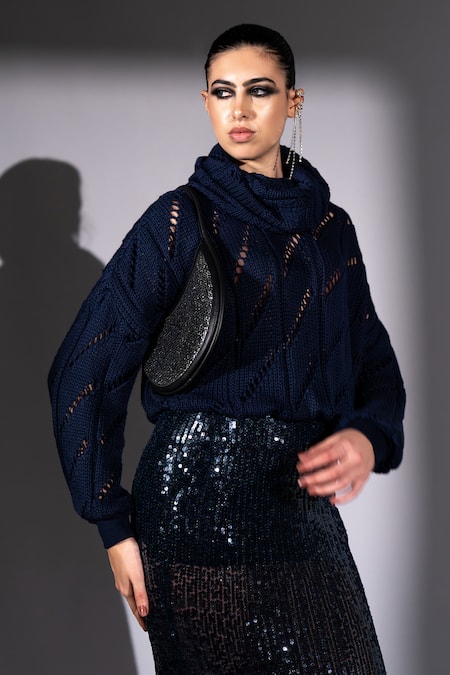 Shop_Nikita Mhaisalkar_Navy Knit, Cotton Cowl Neck Jumper With Scarf 