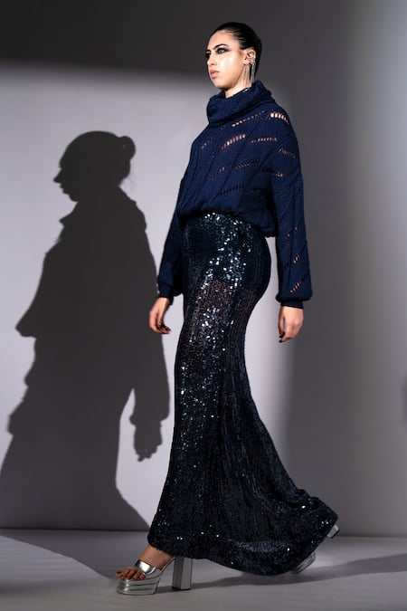 Nikita Mhaisalkar_Navy Georgette Sequins Long Skirt _Online_at_Aza_Fashions