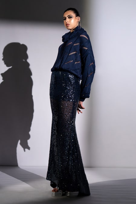 Buy_Nikita Mhaisalkar_Navy Georgette Sequins Long Skirt _Online_at_Aza_Fashions