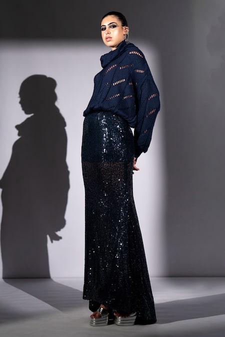 Shop_Nikita Mhaisalkar_Navy Georgette Sequins Long Skirt _Online_at_Aza_Fashions