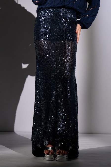 Nikita Mhaisalkar_Navy Georgette Sequins Long Skirt _at_Aza_Fashions