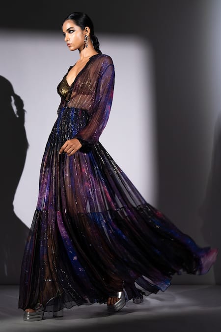 Buy_Nikita Mhaisalkar_Multi Color Georgette V-neck Galaxy Print Dress _Online_at_Aza_Fashions