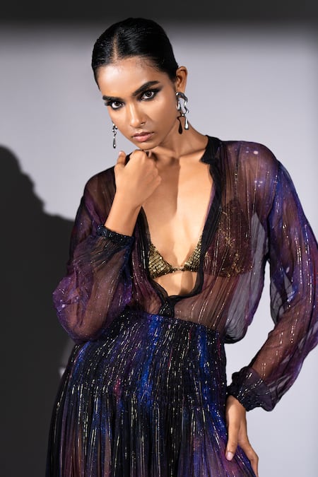 Buy_Nikita Mhaisalkar_Multi Color Georgette V-neck Galaxy Print Dress 