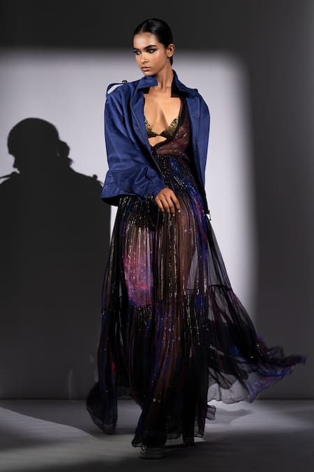 Buy_Nikita Mhaisalkar_Purple Suede Collared Faux Bomber Jacket _Online_at_Aza_Fashions