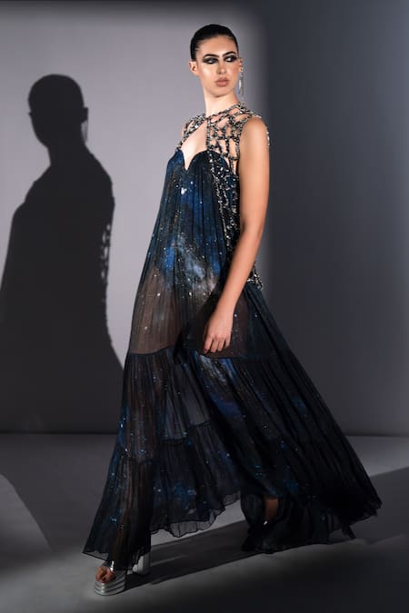 Nikita Mhaisalkar Blue Georgette Chains Sweetheart Neck Galaxy Printed Maxi Dress Online at Aza Fashions Nikita Mhaisalkar_Blue Georgette Chains Sweetheart Neck Galaxy Printed Maxi Dress _Online_at_Aza_Fashions