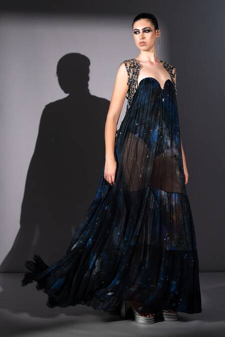 Shop Nikita Mhaisalkar Blue Georgette Chains Sweetheart Neck Galaxy Printed Maxi Dress Online at Aza Fashions Shop_Nikita Mhaisalkar_Blue Georgette Chains Sweetheart Neck Galaxy Printed Maxi Dress _Online_at_Aza_Fashions