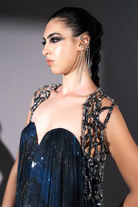 Buy Nikita Mhaisalkar Blue Georgette Chains Sweetheart Neck Galaxy Printed Maxi Dress Buy_Nikita Mhaisalkar_Blue Georgette Chains Sweetheart Neck Galaxy Printed Maxi Dress