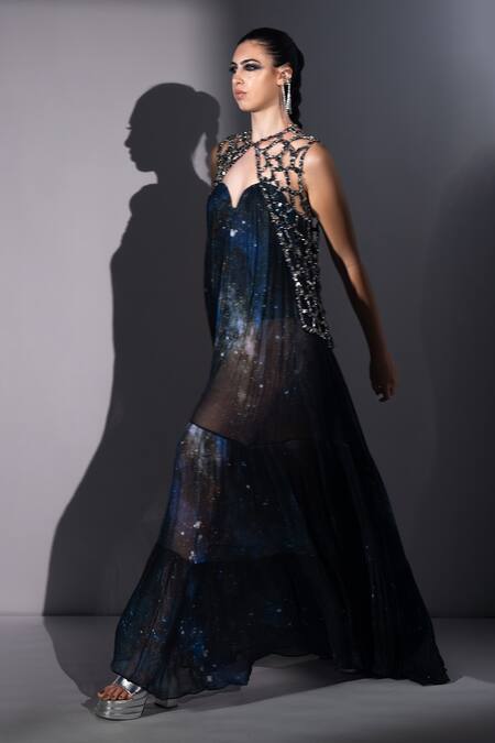 Nikita Mhaisalkar_Silver Tulle Beads, Stones Round Neck Rockstar Embroidered Sleeveless Gillet _Online_at_Aza_Fashions