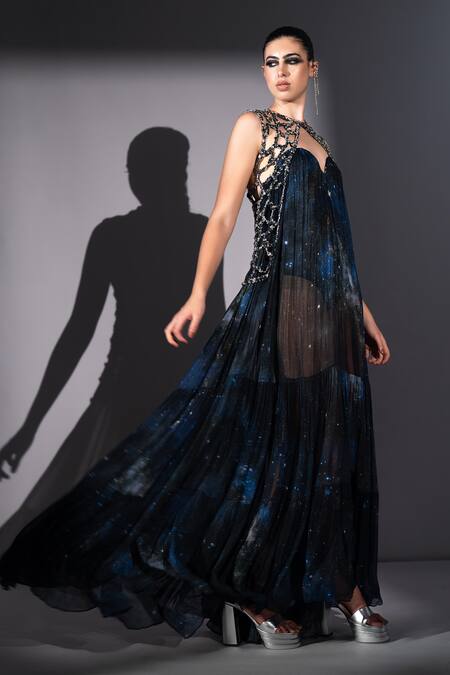 Nikita Mhaisalkar_Silver Tulle Beads, Stones Round Neck Rockstar Embroidered Sleeveless Gillet _at_Aza_Fashions