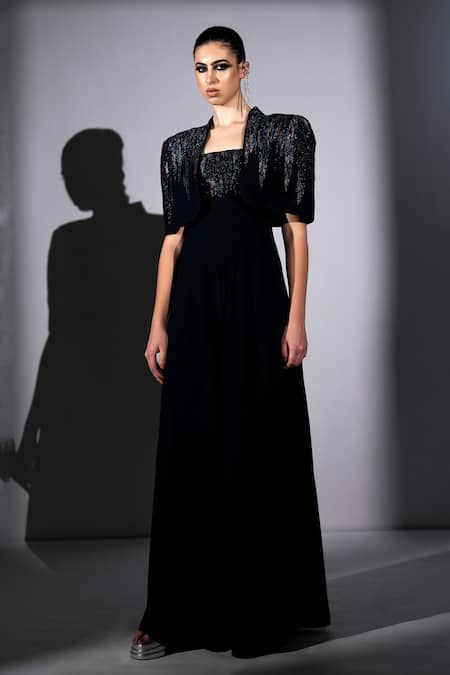 Nikita Mhaisalkar_Navy Suiting Beads, Sequins Square Neck, Meteor Embroidered Jumpsuit And Cape Set _Online_at_Aza_Fashions
