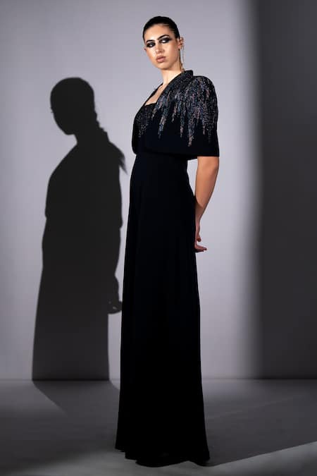 Buy_Nikita Mhaisalkar_Navy Suiting Beads, Sequins Square Neck, Meteor Embroidered Jumpsuit And Cape Set _Online_at_Aza_Fashions