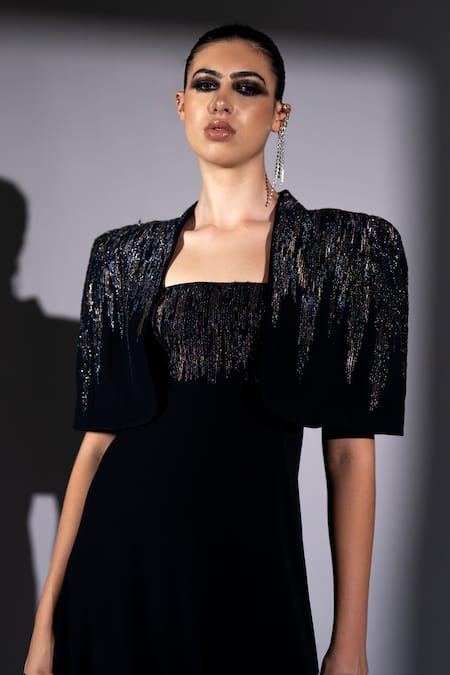 Shop_Nikita Mhaisalkar_Navy Suiting Beads, Sequins Square Neck, Meteor Embroidered Jumpsuit And Cape Set _Online_at_Aza_Fashions