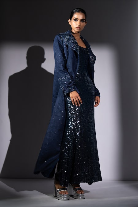 Buy_Nikita Mhaisalkar_Blue Suede Sequins Collared Star Shower Embroidered Trench Jacket _Online_at_Aza_Fashions
