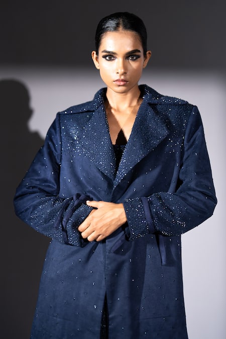 Nikita Mhaisalkar_Blue Suede Sequins Collared Star Shower Embroidered Trench Jacket _at_Aza_Fashions
