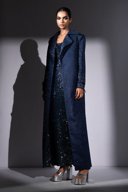 Nikita Mhaisalkar_Navy Georgette Sequins Square Neck Sheeted Slip Maxi Dress _Online_at_Aza_Fashions