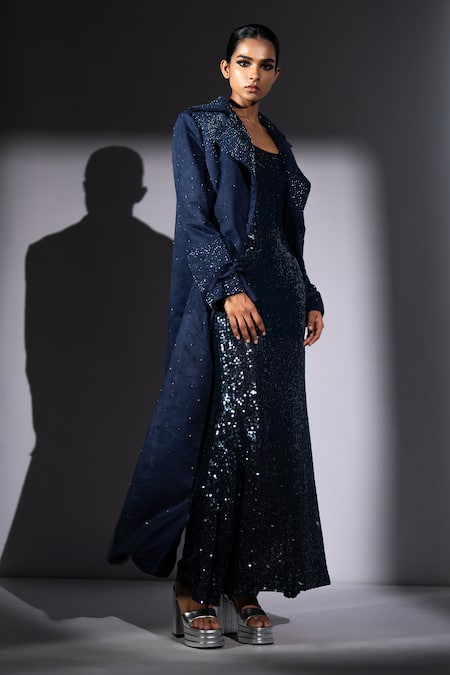 Buy_Nikita Mhaisalkar_Navy Georgette Sequins Square Neck Sheeted Slip Maxi Dress _Online_at_Aza_Fashions