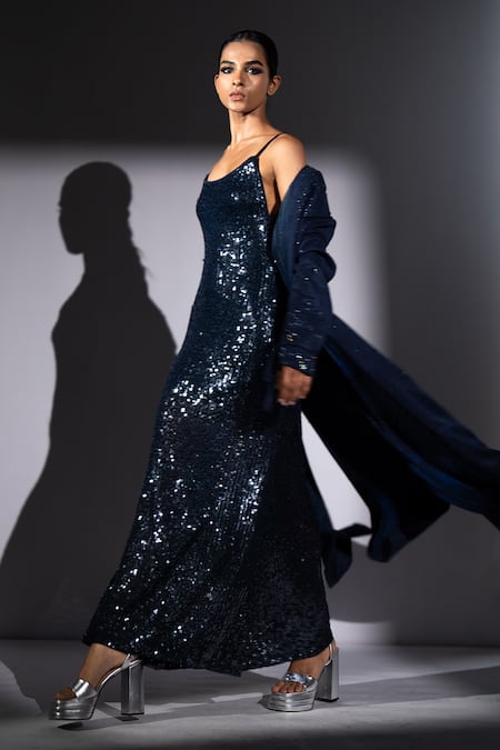 Shop_Nikita Mhaisalkar_Navy Georgette Sequins Square Neck Sheeted Slip Maxi Dress _Online_at_Aza_Fashions