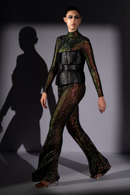 Buy_Nikita Mhaisalkar_Black Lycra, Tulle Stones, Crystals, Swarovski Embellished Bodysuit And Pant Set _Online_at_Aza_Fashions