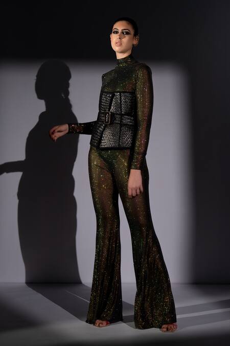 Nikita Mhaisalkar_Black Lycra, Tulle Stones, Crystals, Swarovski Embellished Bodysuit And Pant Set _at_Aza_Fashions