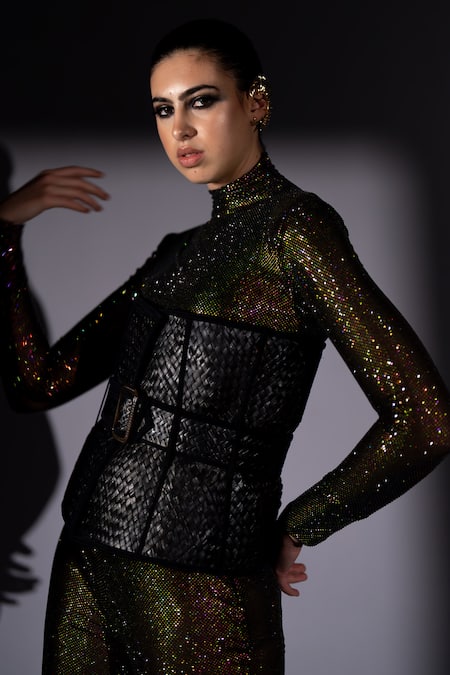 Shop_Nikita Mhaisalkar_Black Lycra, Tulle Stones, Crystals, Swarovski Embellished Bodysuit And Pant Set 