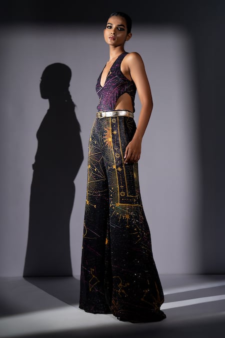 Nikita Mhaisalkar_Purple Georgette Sequins, Foil Printing Galaxy Placement Cutout Top And Pant Set _Online_at_Aza_Fashions