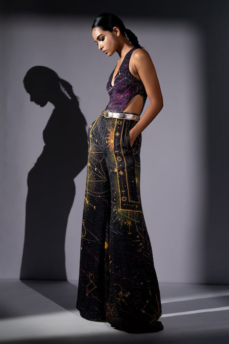 Buy_Nikita Mhaisalkar_Purple Georgette Sequins, Foil Printing Galaxy Placement Cutout Top And Pant Set _Online_at_Aza_Fashions