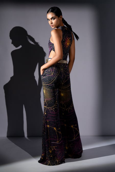 Shop_Nikita Mhaisalkar_Purple Georgette Sequins, Foil Printing Galaxy Placement Cutout Top And Pant Set _Online_at_Aza_Fashions