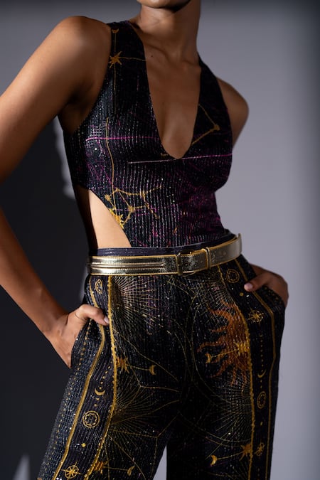 Buy_Nikita Mhaisalkar_Purple Georgette Sequins, Foil Printing Galaxy Placement Cutout Top And Pant Set 