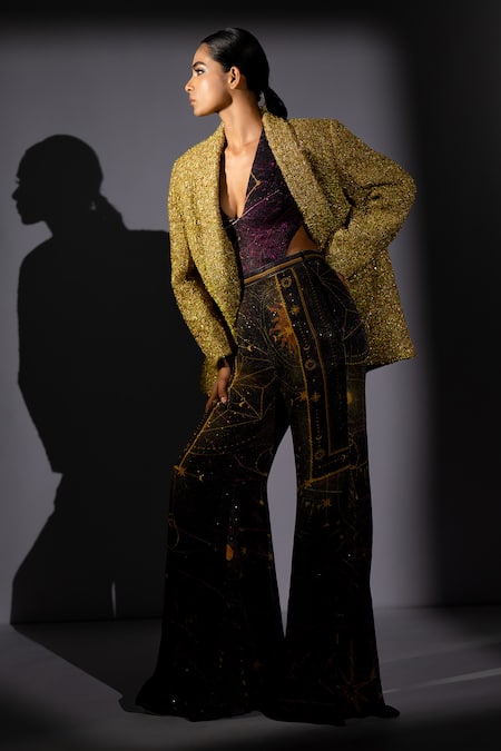 Buy_Nikita Mhaisalkar_Gold Tweed Textured Blazer _Online_at_Aza_Fashions