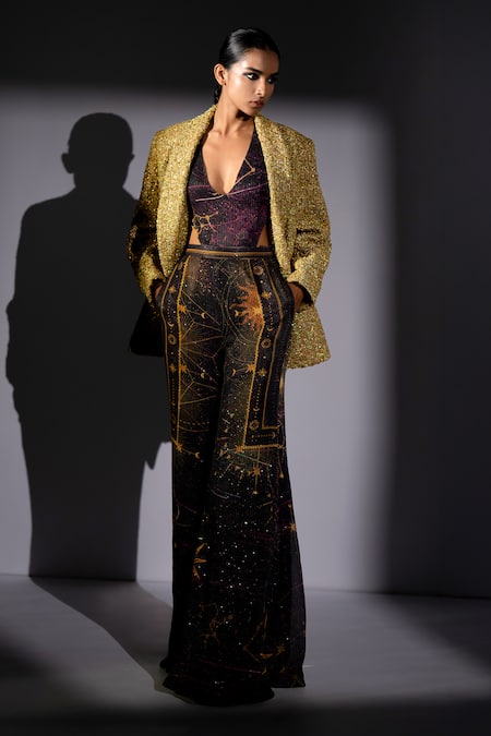 Shop_Nikita Mhaisalkar_Gold Tweed Textured Blazer _Online_at_Aza_Fashions