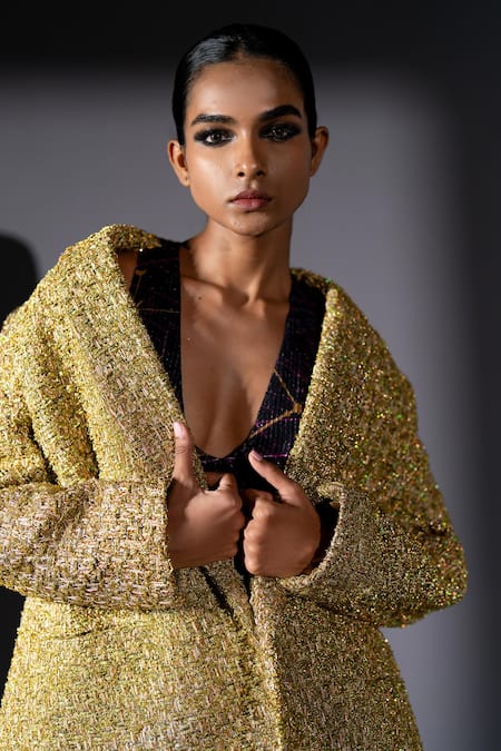 Nikita Mhaisalkar_Gold Tweed Textured Blazer _at_Aza_Fashions