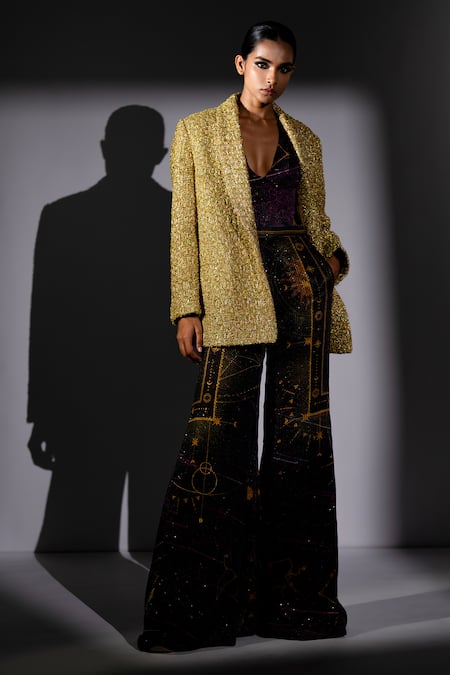 Buy_Nikita Mhaisalkar_Gold Tweed Textured Blazer 