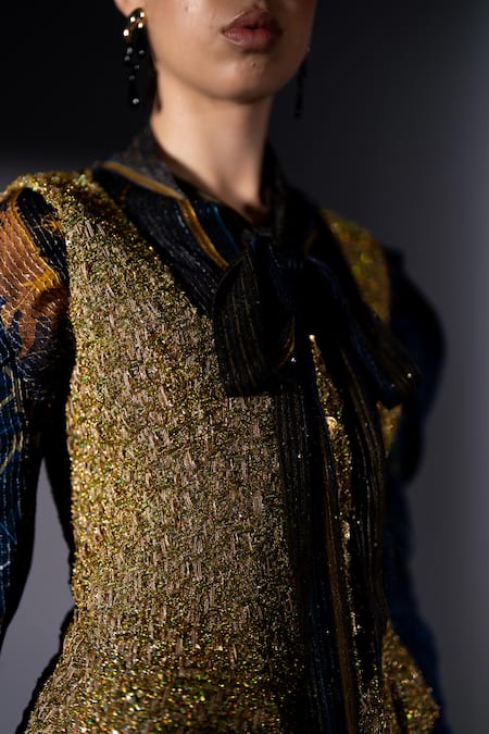 Shop Nikita Mhaisalkar Blue Georgette, Tweed Sequins, Ribbons Pinafore Dress And Tie-up Blouse Set Online at Aza Fashions Shop_Nikita Mhaisalkar_Blue Georgette, Tweed Sequins, Ribbons Pinafore Dress And Tie-up Blouse Set _Online_at_Aza_Fashions