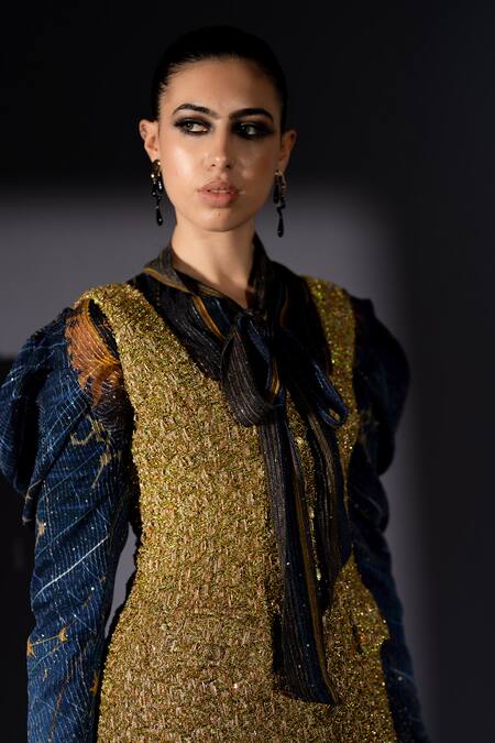 Buy Nikita Mhaisalkar Blue Georgette, Tweed Sequins, Ribbons Pinafore Dress And Tie-up Blouse Set Buy_Nikita Mhaisalkar_Blue Georgette, Tweed Sequins, Ribbons Pinafore Dress And Tie-up Blouse Set